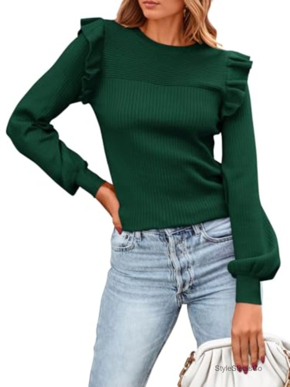 Ruffle Long Sleeve Crew Neck Ribbed Knit Pullover Sweater
